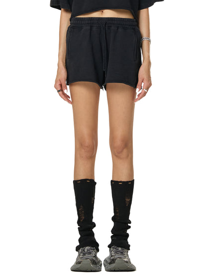 Snow Washed Raw Edge Drawstring Shorts
