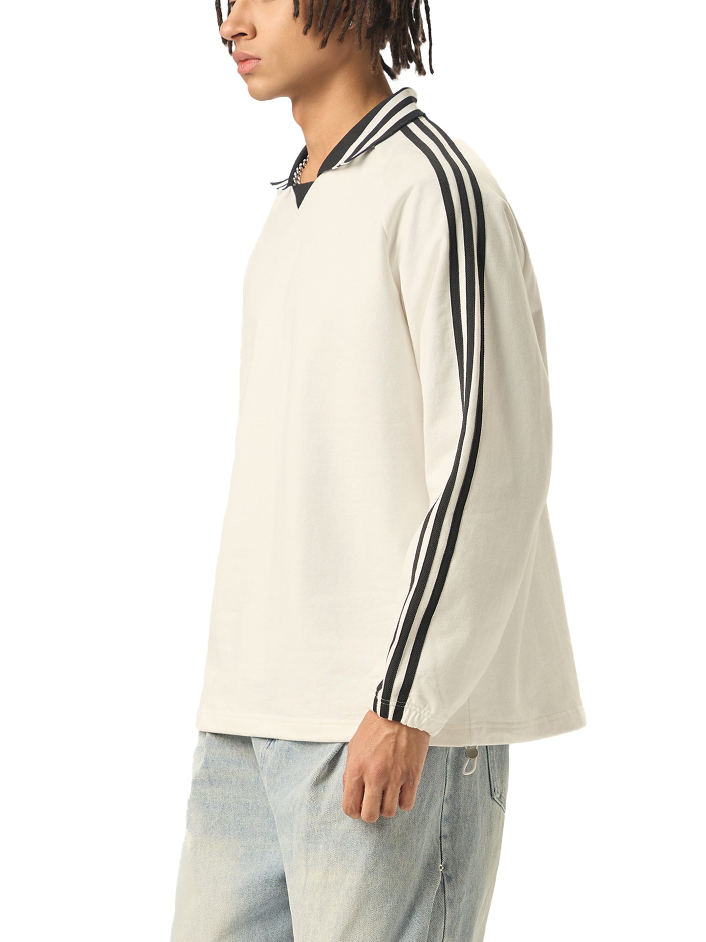 Contrast Striped Lapel Collar Sweatshirt